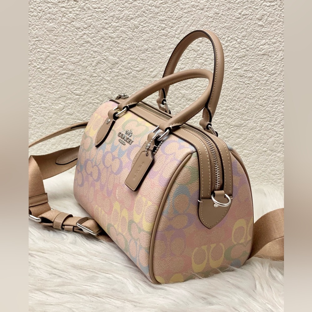 NWT Coach Rowan Satchel Bag In Rainbow Signature Canvas CDA90 Sand Multi - Picture 4 of 11